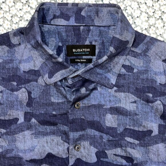 Bugatchi Blue Camouflage Flower Print Cotton Stretch SS Summer Shirt XL Slim (L) - Picture 2 of 6